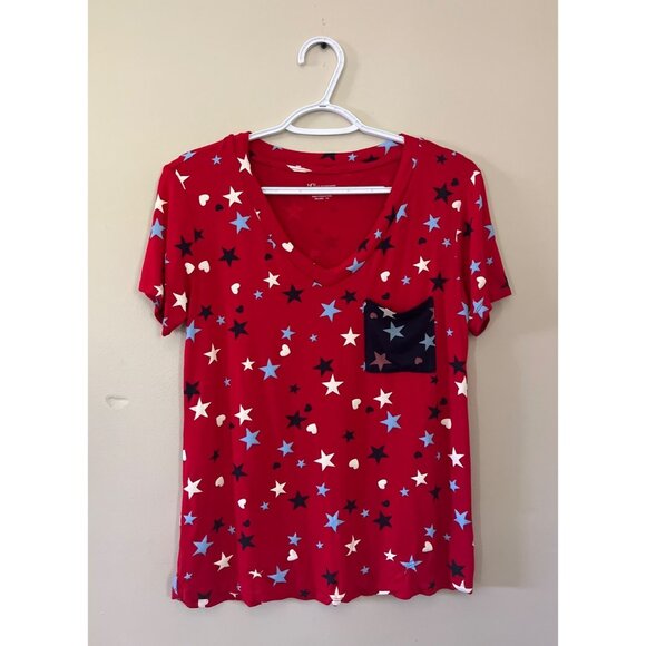 No Boundaries Juniors Medium Star Pattern V-Neck Red Short Sleeve Shirt America - Picture 1 of 4